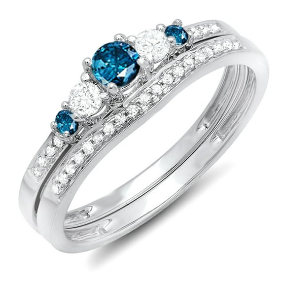 Dazzlingrock Collection 0.45 Carat (ctw) 14k Round Blue And White Diamond Ladies 5 Stone Bridal Engagement Ring Matching Band Set 1/2 CT, White Gold, Size 6