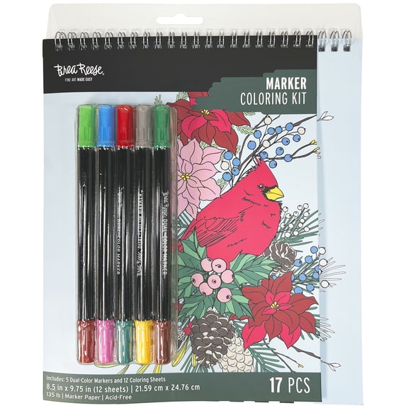 Brea Reese: Marker Coloring Kit - Cardinal - 5 Dual-Sided Markers, 12 Holiday Bird-Themed Coloring Pages, Festive Spiral-Bound Art Pad, Adult Craft