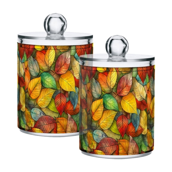 Yayeee 2 Pack Qtip Holder Bathroom Cotton Swab Canister with Lid Clear Dispenser Set, Retro Autumn Leaves
