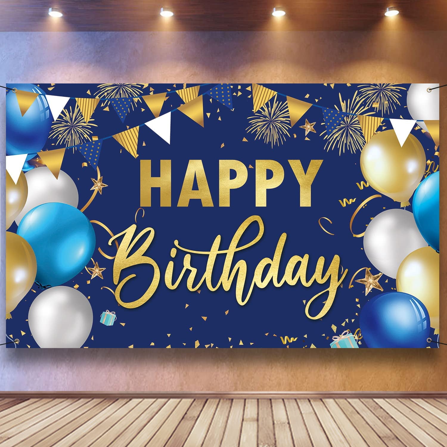 Happy Birthday Decorations Backdrop Banner, Blue and Gold Birthday ...