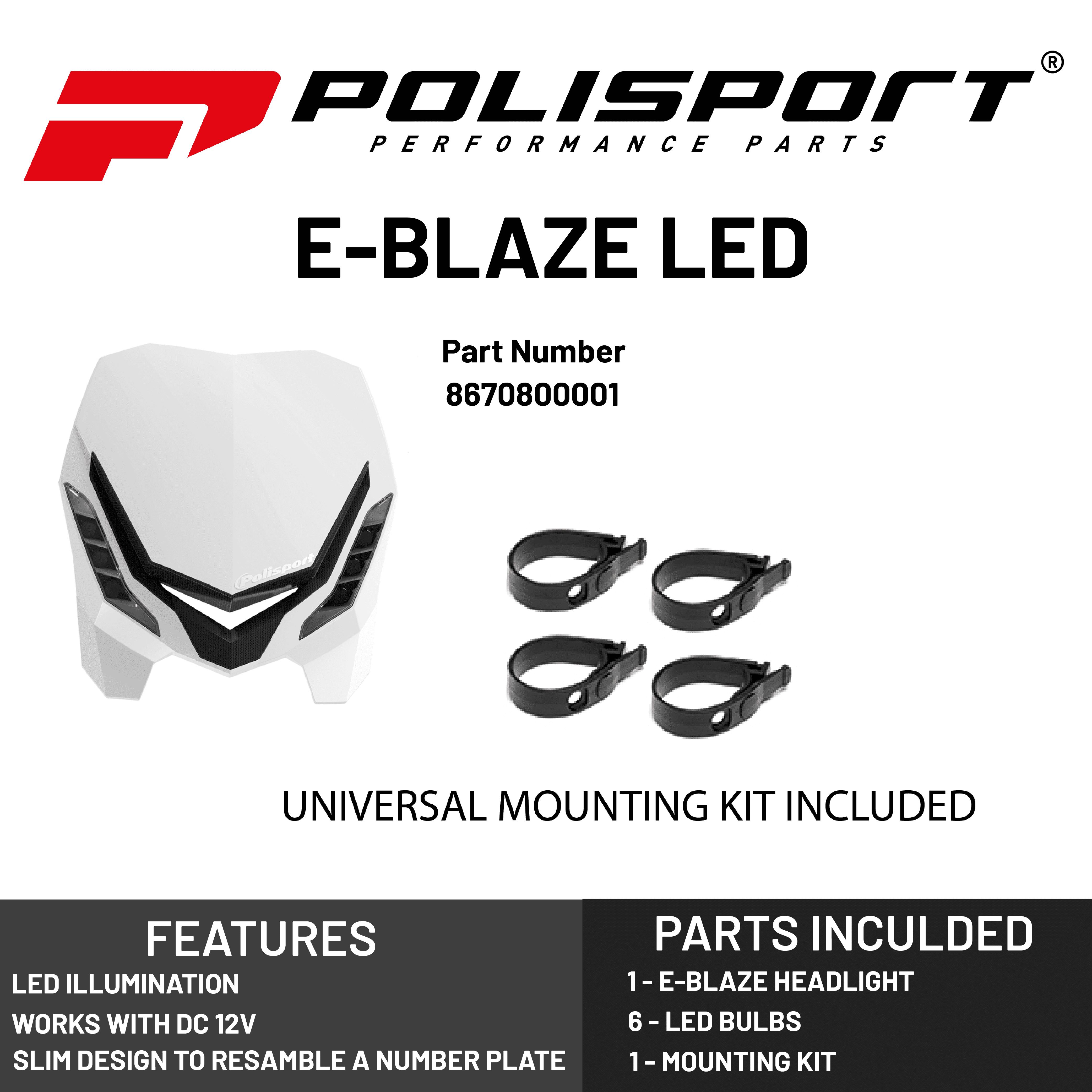 Polisport 8670800001 E-Blaze Headlight - White/Black