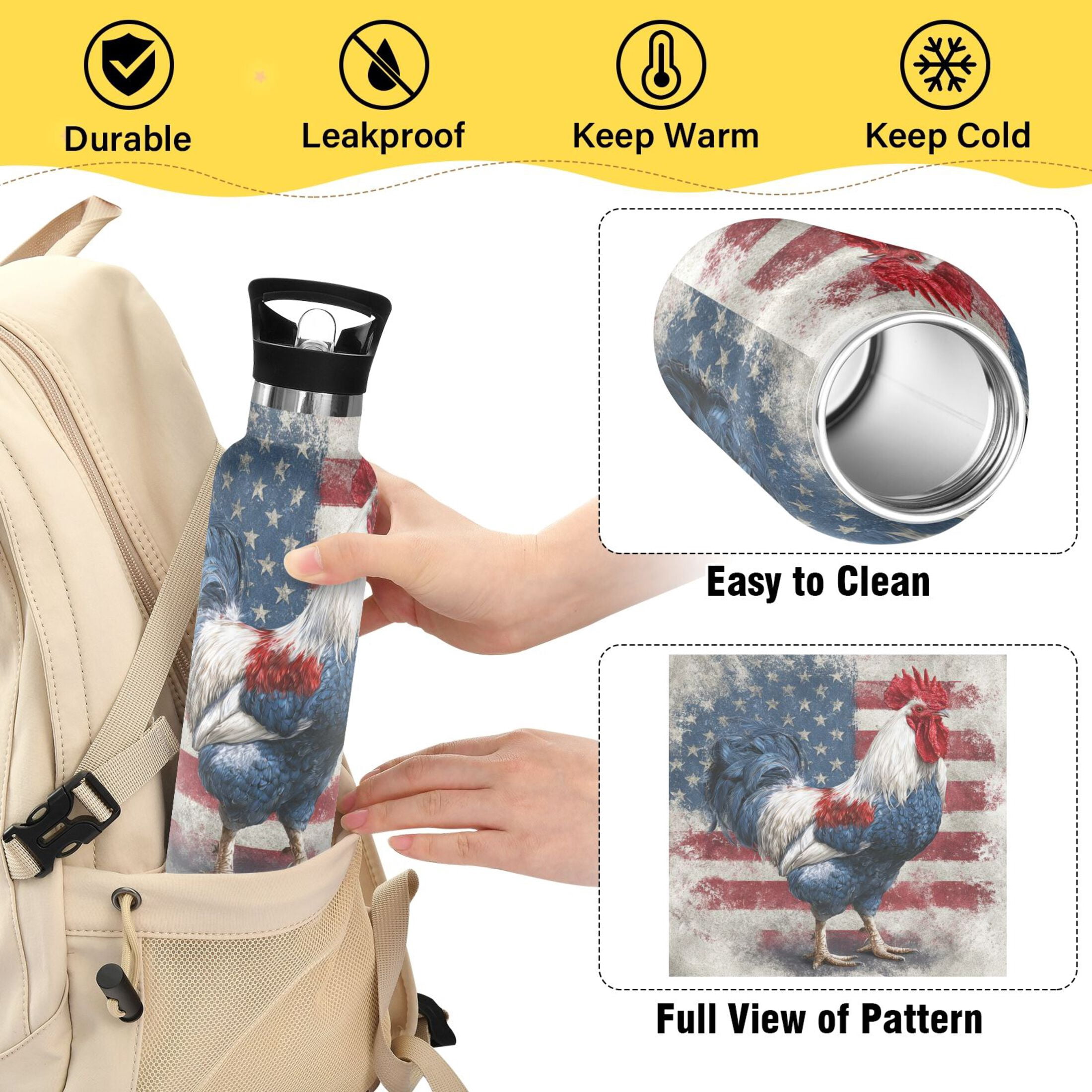 Kids Insulated Stainless Steel Sports Water Bottle 600ml Red White and Blue Rooster