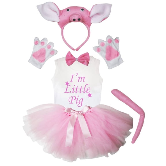 Petitebelle Pig Headband Bowtie Tail Gloves Tutu Shirt 6pc Costume (Pink, 4-5 Years)