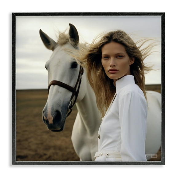 Stupell Industries Girl in White with Horse People Painting Black Framed Art Print Wall Art, 12 x 12