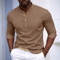 thumbnail image 2 of Floleo Men Mandarin Collar 4 Button Half Placket Shirt, Mens Solid Roll Up Long Sleeve Regular Fit Pullover Top, Breathable Lightweight Spring Summer Smart Casual Blouse (Coffee,XL), 2 of 8