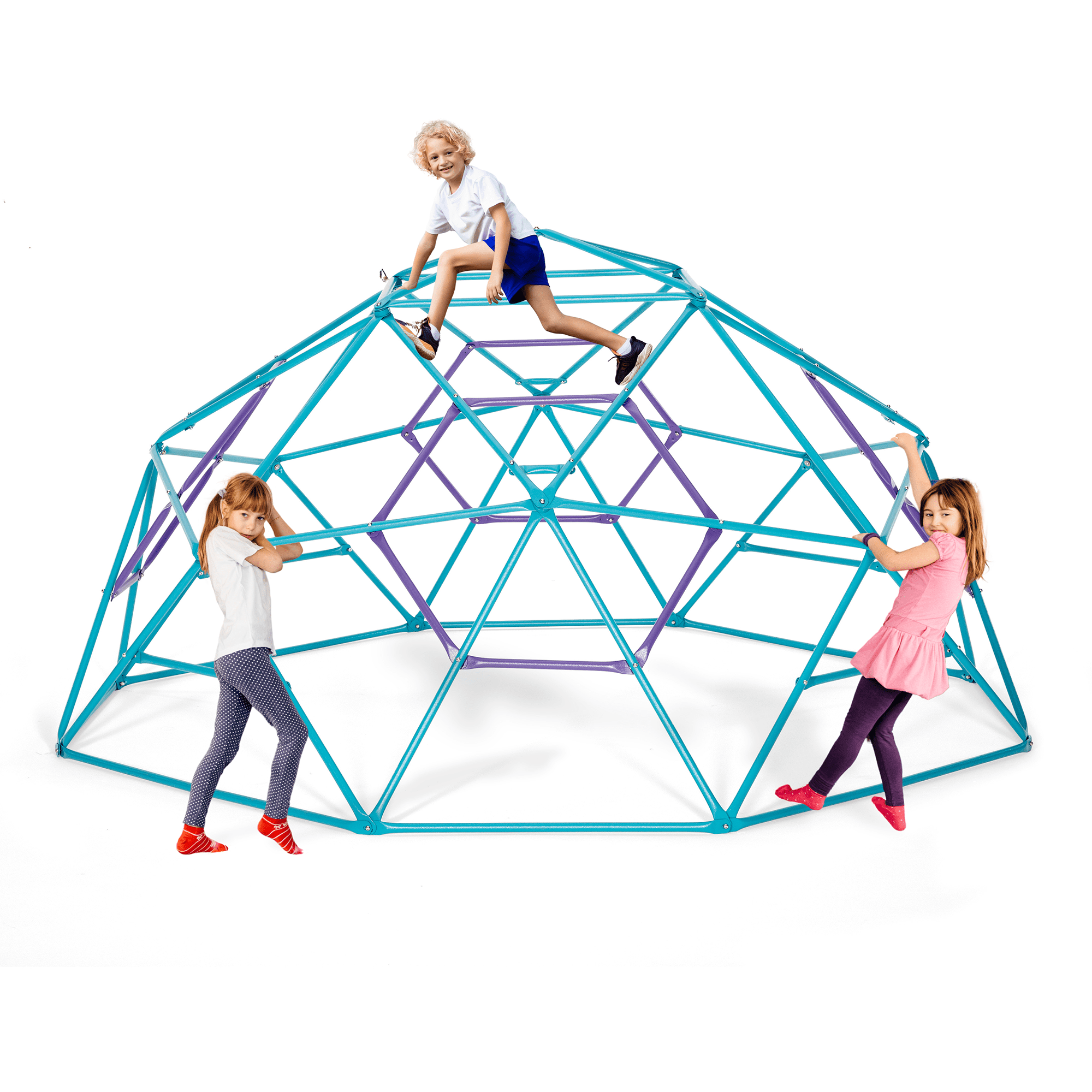 Plum Play Phobos, Jungle Gym, 5ft Climbing Dome - Kids Outdoor Play Equipment, Monkey Bars for Kids, Durable, Outdoor Playground, Metal, Rust Resistance, Easy Assembly, Ground Anchors, Teal & Purple