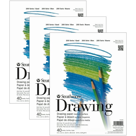 Strathmore 200 Series Drawing Pad, 40 Sheet, 9x12 inch, Pack of 3