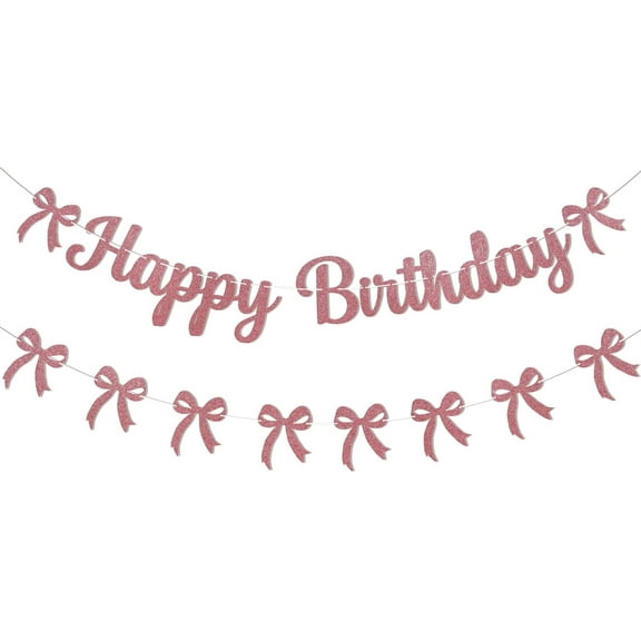 Happy Birthday Banner & Pink Bow Bunting Garland, Pink Bow Happy Bday/Baby Shower Party Decorations, Girls Coquette Birthday Party Decorations Rose Gold Glitter