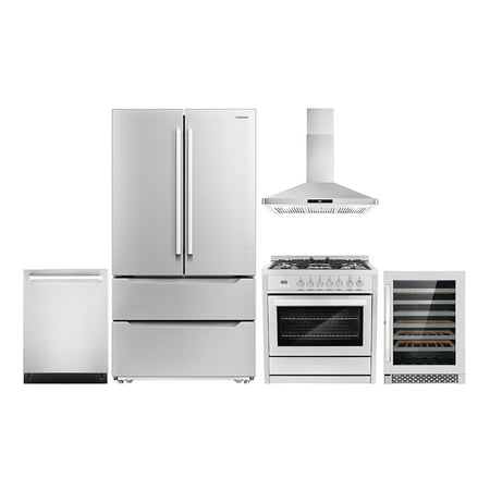 Cosmo 5 Piece Kitchen Appliance Package with 36  Freestanding Dual Fuel Range 36  Wall Mount Range Hood 24  Built-in Fully Integrated Dishwasher French Door Refrigerator & 48 Bottle Wine Refrigerator