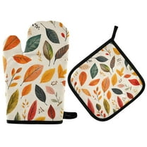 Yayeee Oven Mitts and Pot Holder Set of 2 Heat Resistant Kitchen Gloves Baking Hot Pad, Colorful Leaves