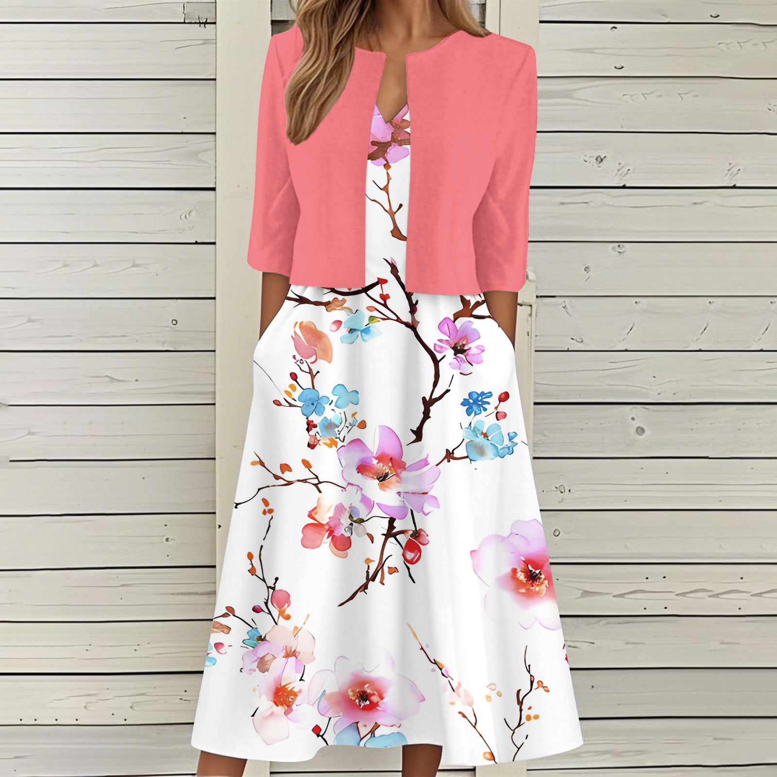 Women Dresses for Special Occasions Summer Two-Piece Printed V-Neck Elegant A Line Tank Dress And Half Sleeve Cardigan Tops Set Suit Plus Size Ladies Skirt Party Elegant UK For Prom