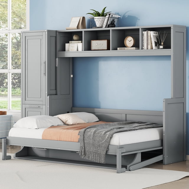 Lit Mural avec Garde-Robe et Tiroirs, Gris