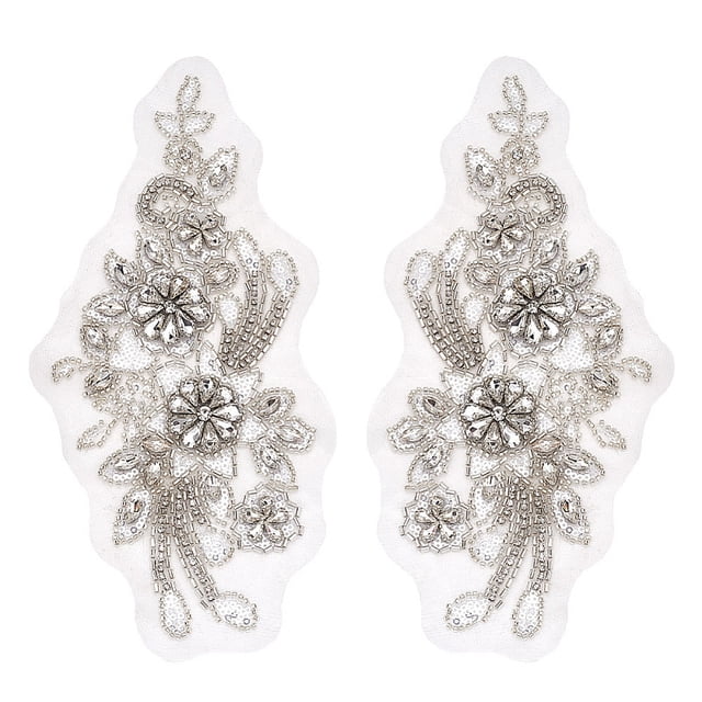 Computerized Embroidery Cloth Sew on Ornament Accessories Glass Rhinestone & Glittered Sequin Appliques Silver 265x135x5mm