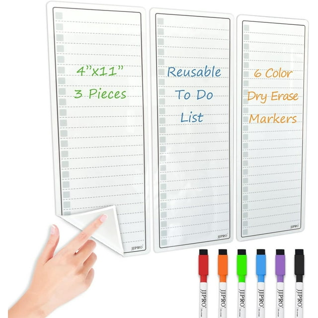 GFDYREE Autocollants pour Tableau Blanc Effaçables à Sec Réutilisables 4"x 11 Pouces Lot de 3 pour Toutes les Surfaces Lisses - Autocollants Non Magnétiques pour Liste de Tâches en Acier Inoxydable pour Réfrigérateur, Armoire, Porte et Mur, 6 Marqueurs Inclus!