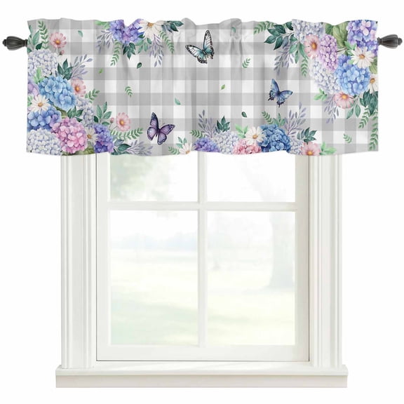 Watercolor Flowers Rod Pocket Curtain Valance, Spring Butterflies Floral Gray Plaid Farmhouse Window Valance for Living Room, Bedroom, Kitchen 42"W x 18"L