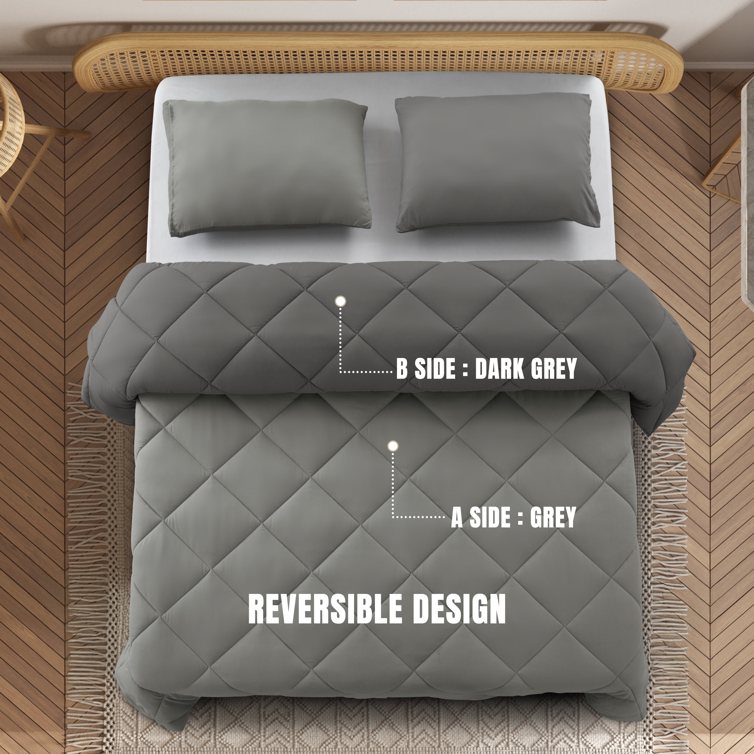Lux Decor All-Season Comforter Sets King Size 3 PC, Reversible Bedding Set with Diamond Quilted Design Comforter and 2 Pillow Shams, Lightweight & Cozy Set de Cama Gray/Dark Gray
