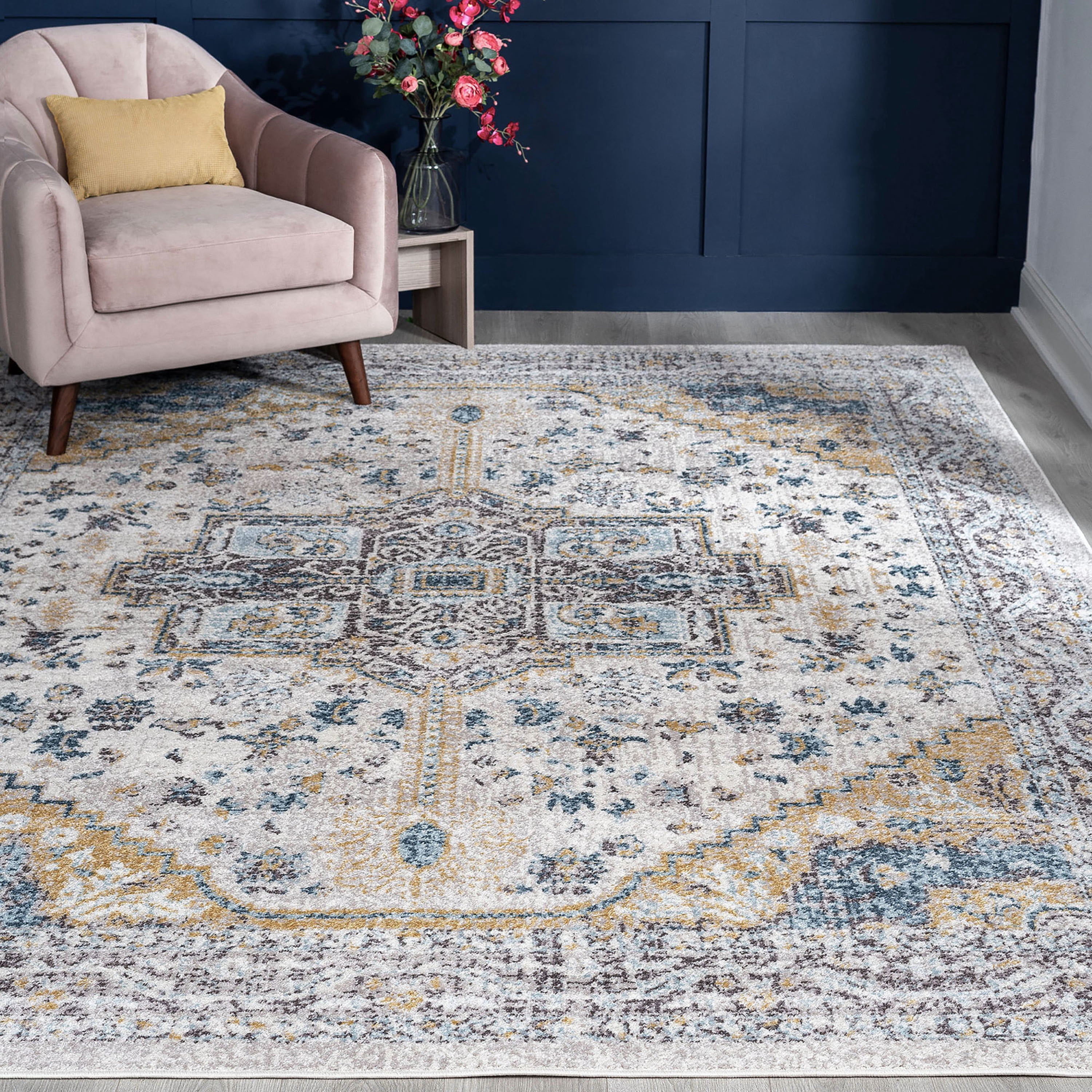 Traditional 8x10 Area Rug (7'10'' x 10'2'') Medallion Cream, Brown Living Room Easy to Clean