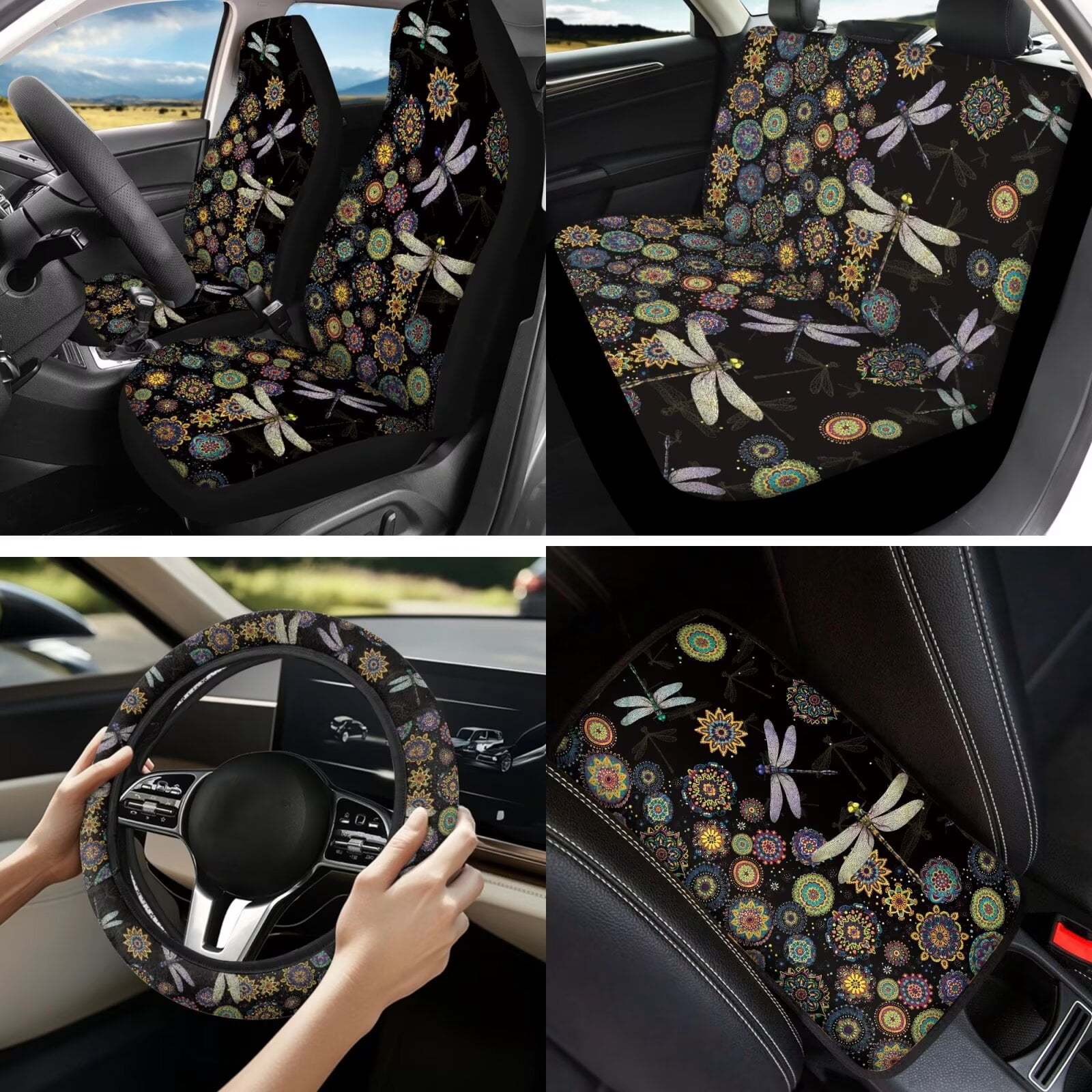 Garronmavis Dragonfly Car Front Rear Seat Covers 13pcs Auto Accessories Steering Wheel Cover,Key Chain,Chapstick,Car Coasters,Seat Belt Pads,Armrest Pad