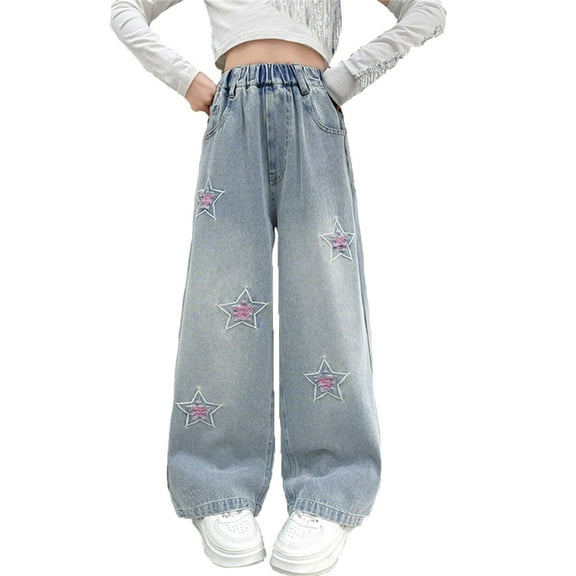 Girls' Jeans Star Jeans Girls Straight Leg Wide Leg Girls Pants High Waist Baggy Jeans Girls with Pockets School Clothes 7-8 Years