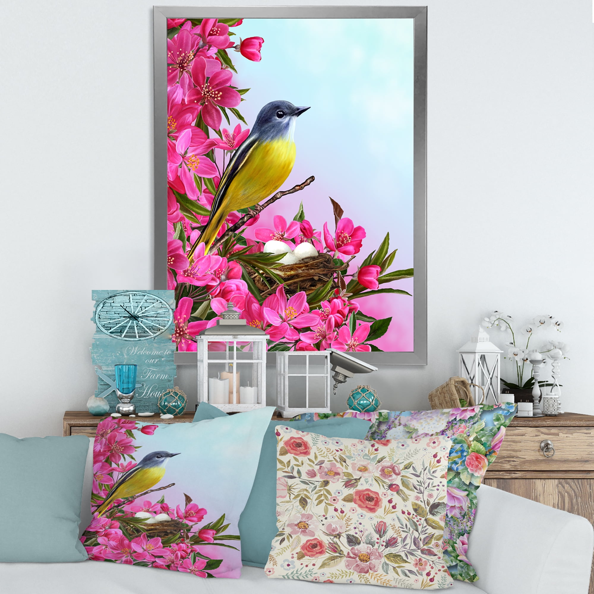 Designart 'Little Yellow Bird Near The Nest with Pink Flowers' Traditional Framed Art Print