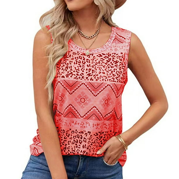 Camiseta sin mangas de verano para mujer, camisa holgada con cuello redondo, blusa étnica informal estampada