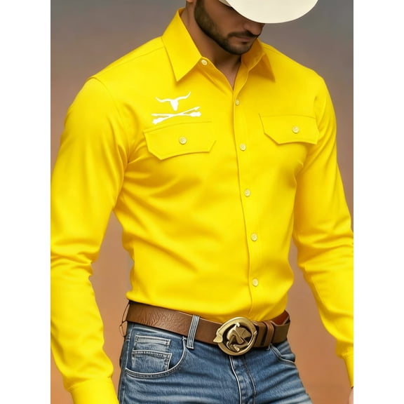 Men's Denim-Look Casual Long Sleeve Shirt Button Down with Chest Pockets and Bull Skull Art Print Lightweight Versatile Cotton Blend for Outdoor Casual and Streetwear Year-Round