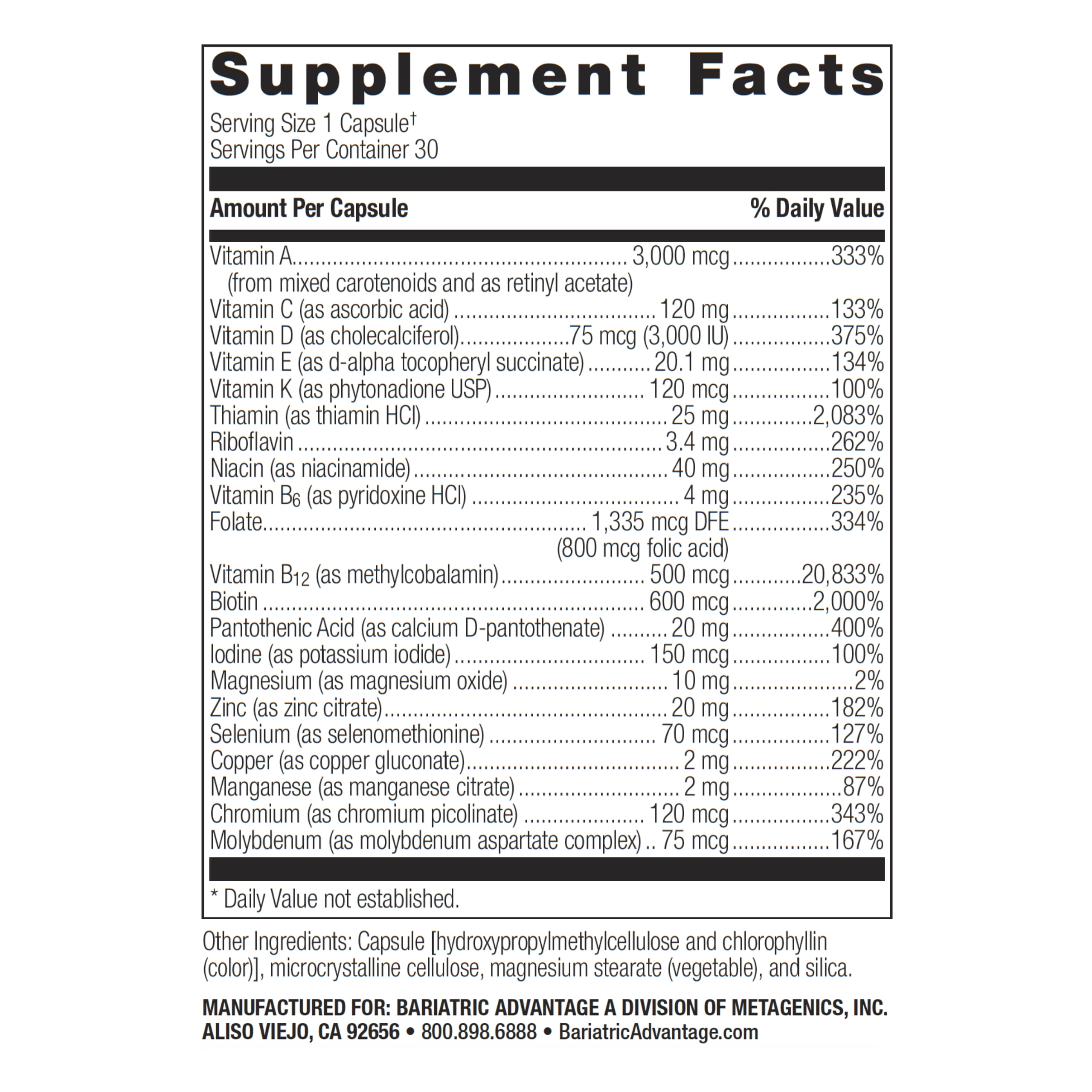 Bariatric Advantage Ultra Solo without Iron - Once-Per-Day Daily Multivitamin - For Bariatric Patients - With Thiamin, Vitamin A & More - Gluten Free - 30 Capsules