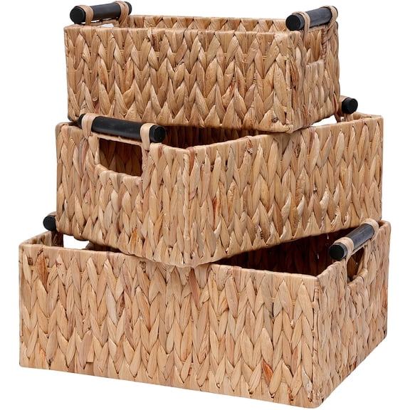 3 Pack Water Hyacinth Storage Baskets With Wooden Handles For Organizing