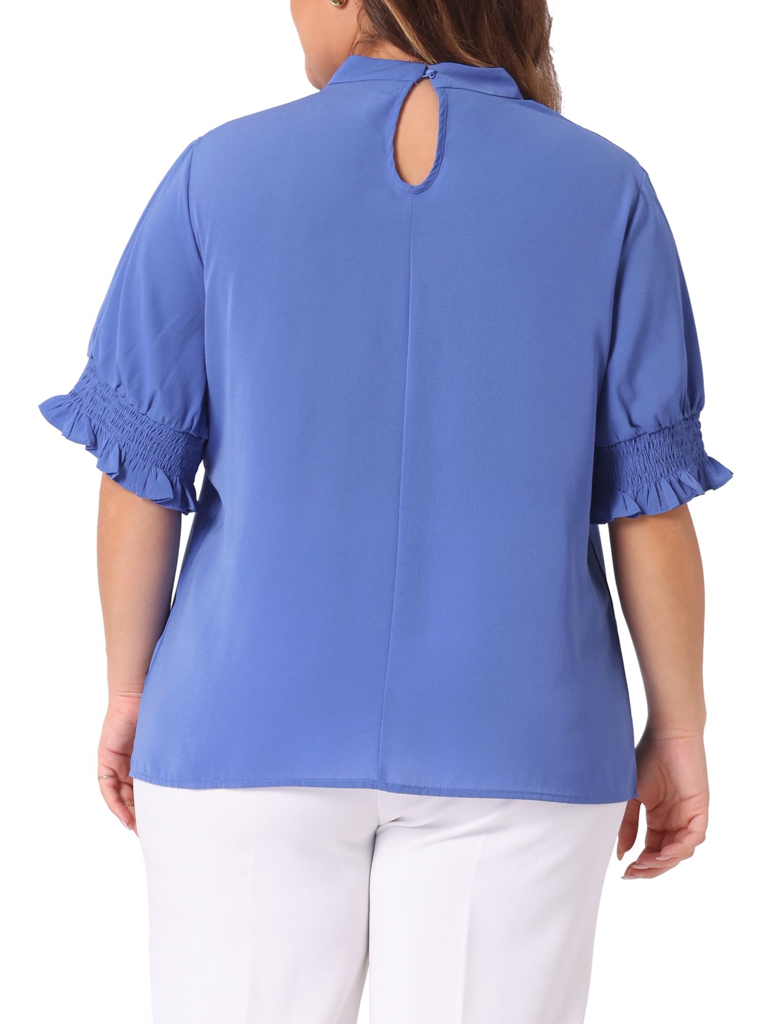 DARING DIVA Women's Plus Office Pleated Short Puff Sleeves Mock Neck Top 1X Blue