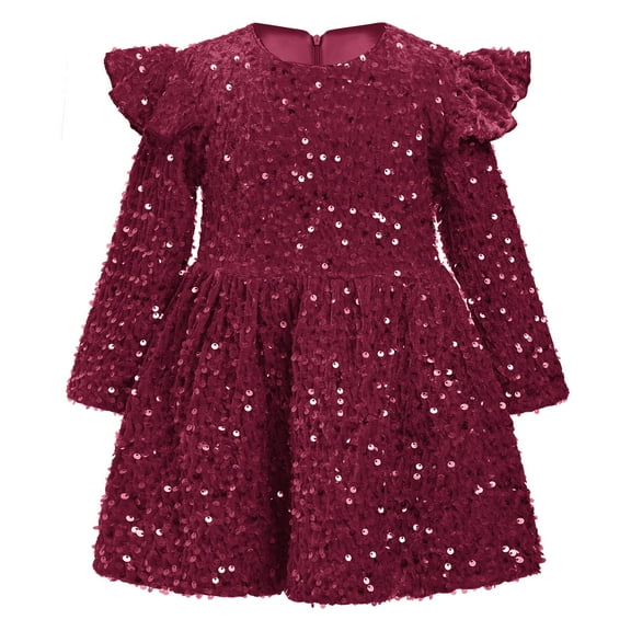 IBTOM CASTLE Toddler Baby Girls Sequin Velvet Tutu Dress Long Sleeve Princess Christmas Wedding Birthday Party Dresses Fall Winter Clothes 9-12 Months Wine Red