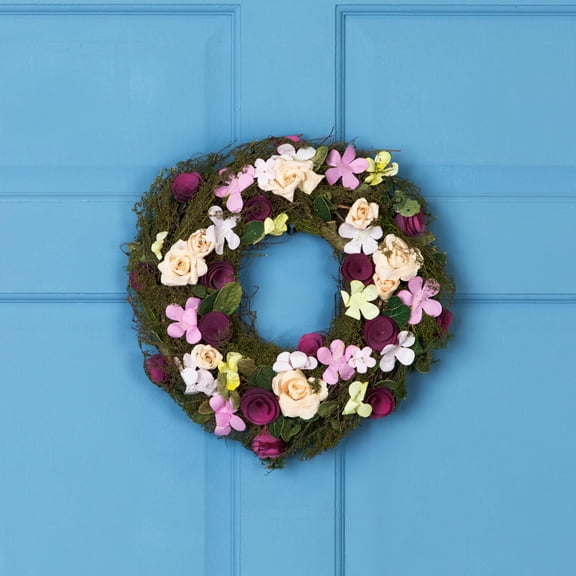 Northlight 14" Unlit Purple/White Flowers with Leaves and Berries Artificial Floral Spring Wreath