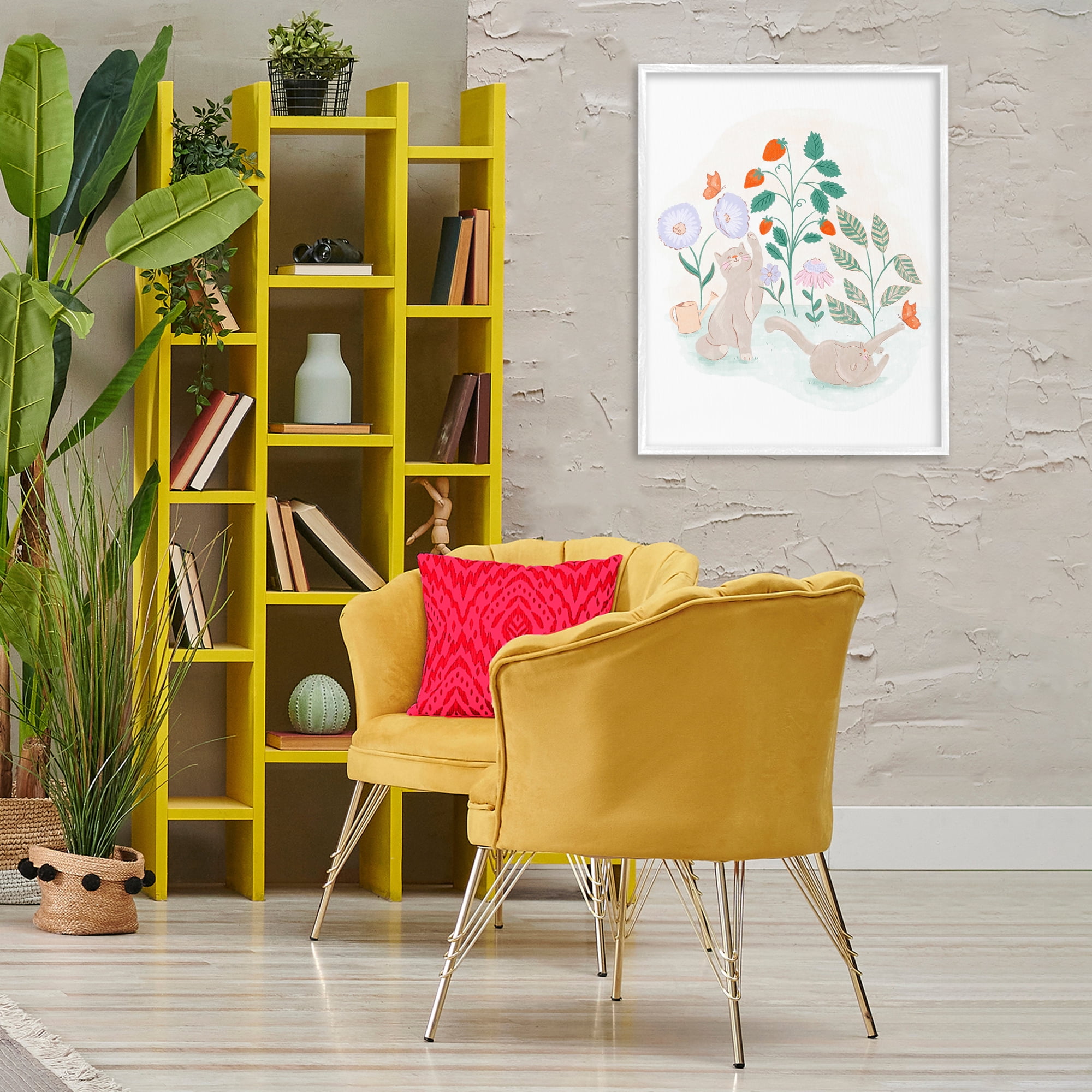 Stupell Industries Cats Playing in Garden Animals & Insects Painting White Framed Art Print Wall Art, 24 x 30