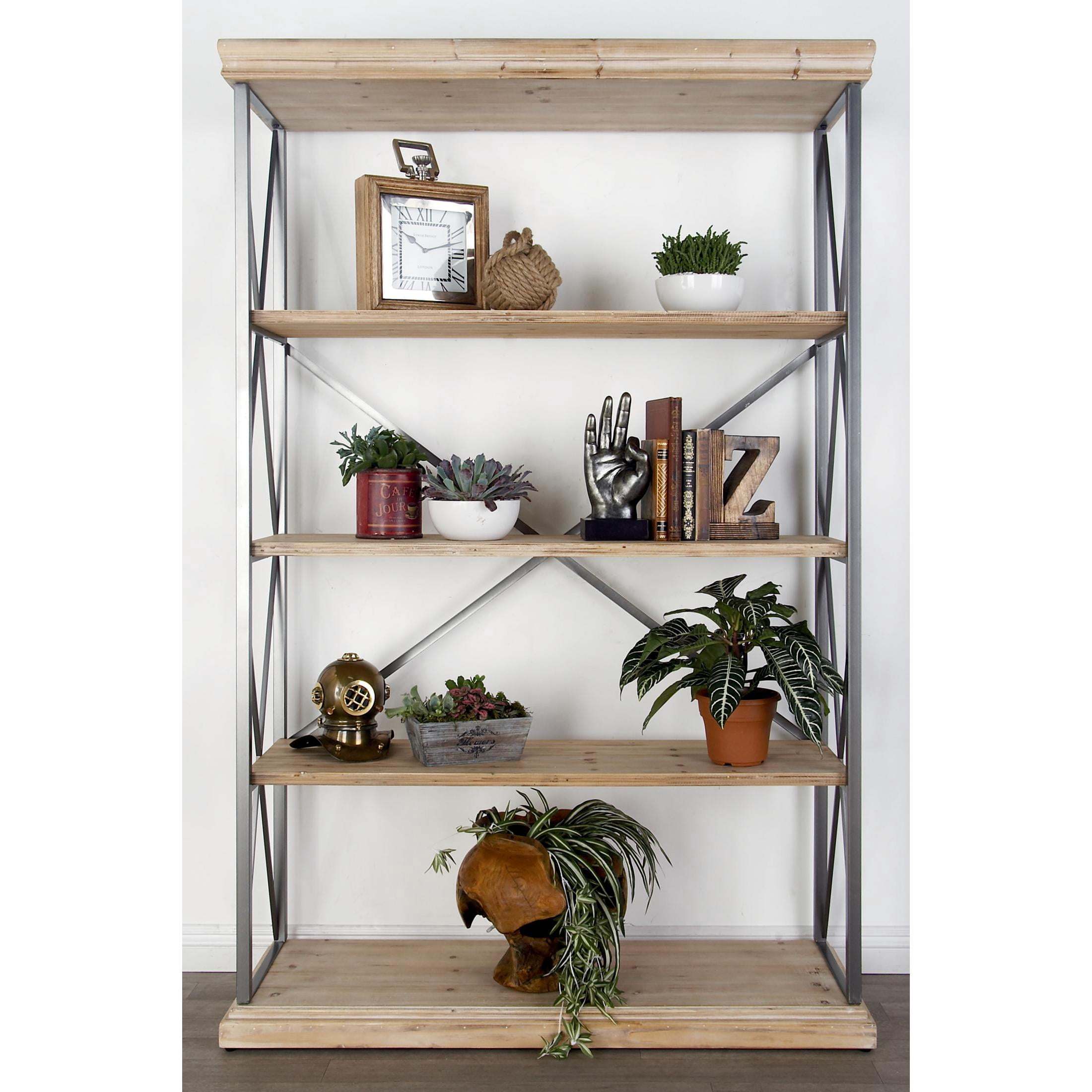 DecMode 48" x 72" Brown Wood 5-Tier Shelving Unit with Gray Metal X-Frame, 1-Piece