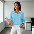 thumbnail image 6 of Womens Polo Shirts 3/4 Sleeve Solid Color Button Lapel Collar Business Casual Golf Tops Sky Blue XL, 6 of 9
