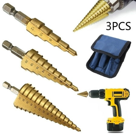 

Willstar 3pcs Home Garden HSS Step Cone Drill Titanium Coated Hole Cutter Bit Set 3-12 4-12/20 mm+Pouch