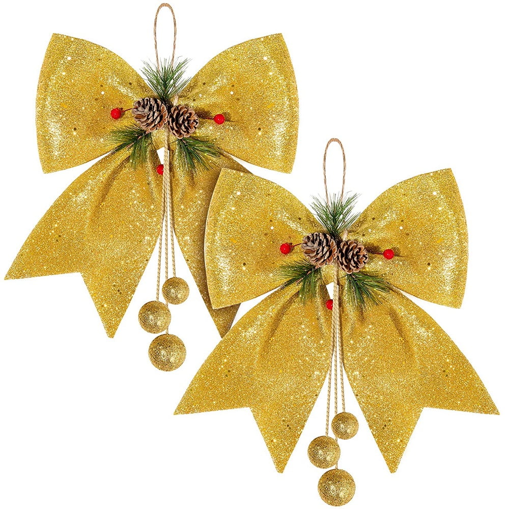 2pcs Christmas Bow Decorations, Gold Wreaths Bows, Large Christmas Tree