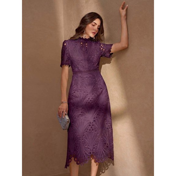 Purple Floral Lace High Neck Short Sleeve Sheath Midi Dress