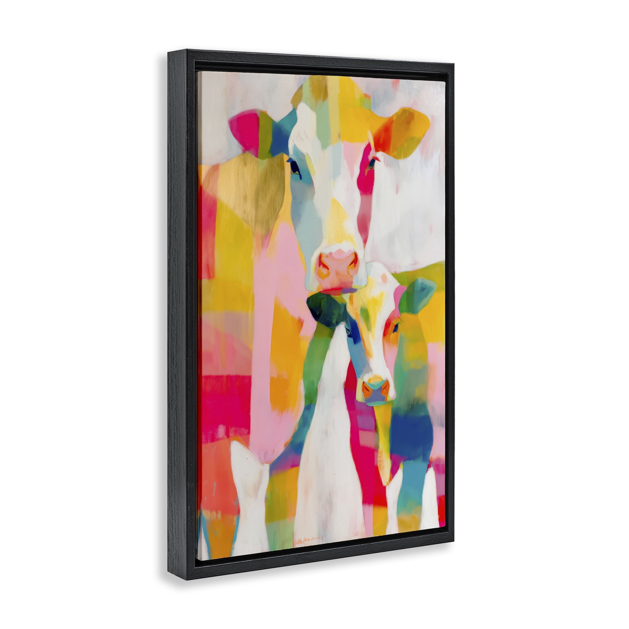 Stupell Industries Cow Family in Cubist Abstract Black Framed Floater Canvas Wall Art, design by Chromatic Storm Studio