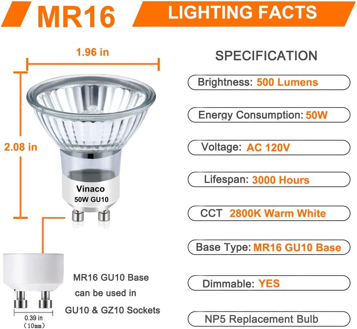 GU10 Bulb, 6 Pack Halogen GU10 120V 50W, Dimmable, MR16 GU10 Light Bulb  with Long Lasting Lifespan, gu10+c 120v 50w for Track&Recessed Lighting,  Gu10