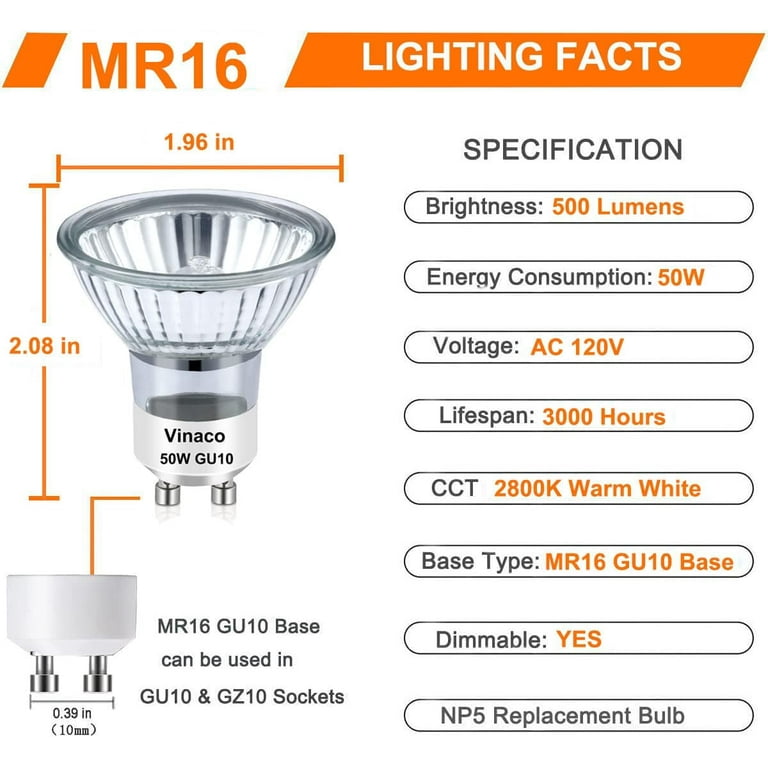 GU10 Bulb, 6 Pack Halogen GU10 120V 50W, Dimmable, MR16 GU10 Light Bulb  with Long Lasting Lifespan, gu10+c 120v 50w for Track&Recessed Lighting,  Gu10