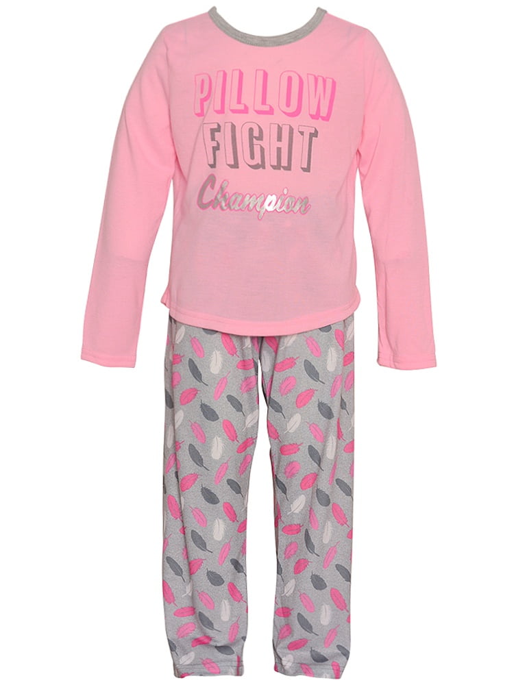 genert renere eftertænksom Little Girls Pink "Pillow Fight Champion" Feather Print 2 Pc Pajama Set -  Walmart.com