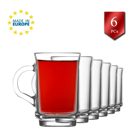 Glass Tea Cups Set with Handle, Clear Coffee Mugs Set of 6, 5.25 oz (155 Cc)