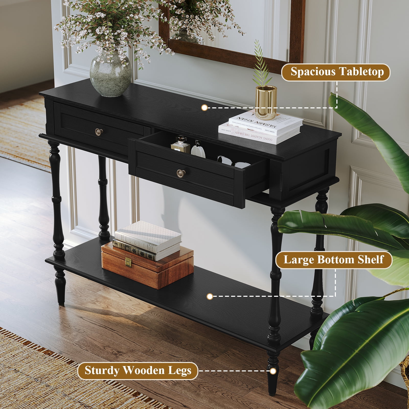 CBJCBJ40"Vintage Minimal Assembly Console Table with 2 Storage Drawers,Suitable for Living Room,Black