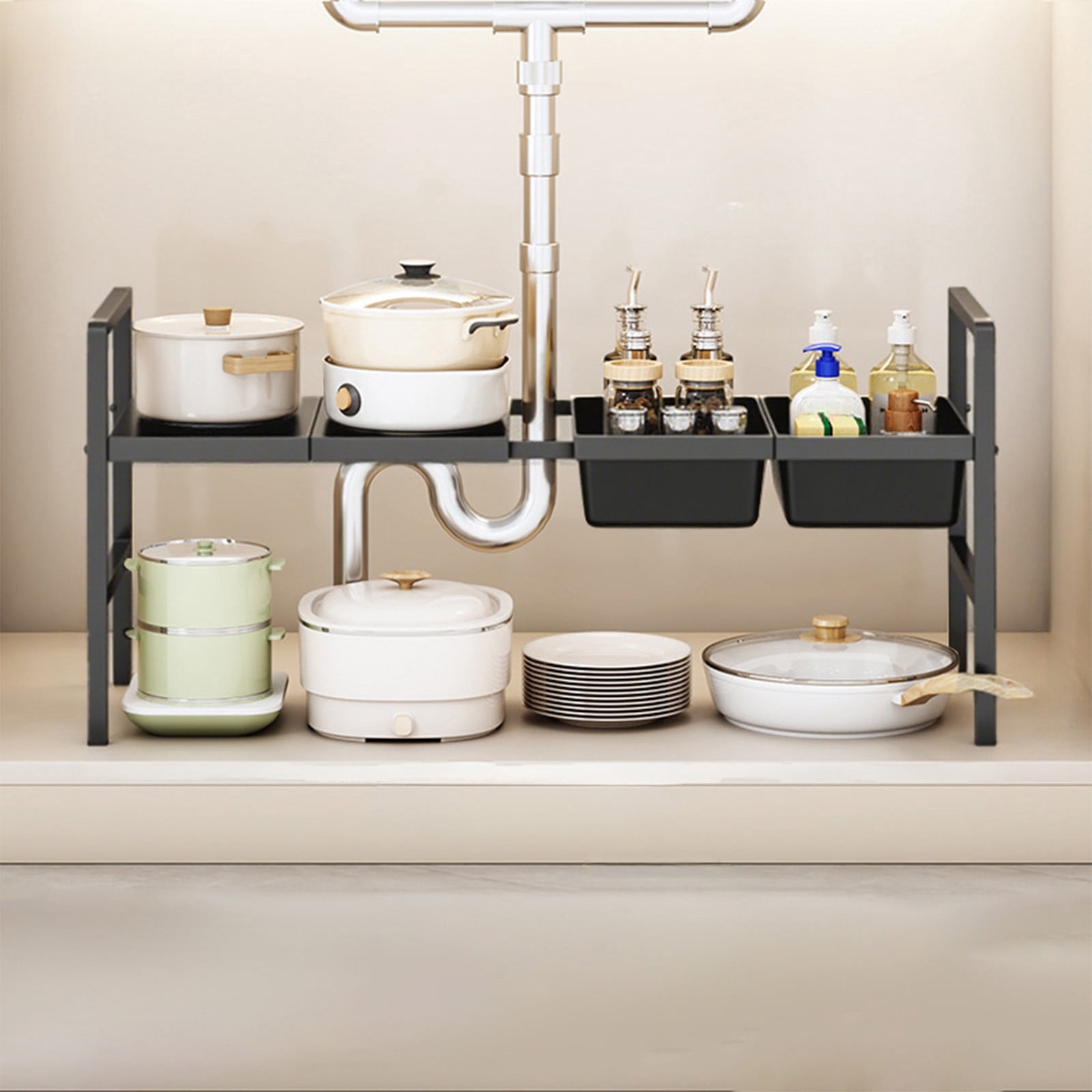 Expandable Under Sink Organizer, with Removable 2 Baskets and 2 Panels for Cabinet Sink Cloakroom Wardrobe Closet Storage(Black)