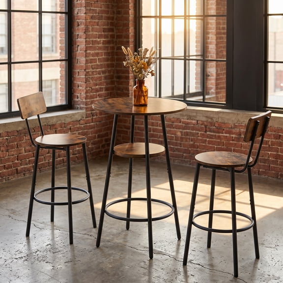 Zateety With Backrest With Shelves and Bar Table Bar Stools - Set of 3, Rustic Brown
