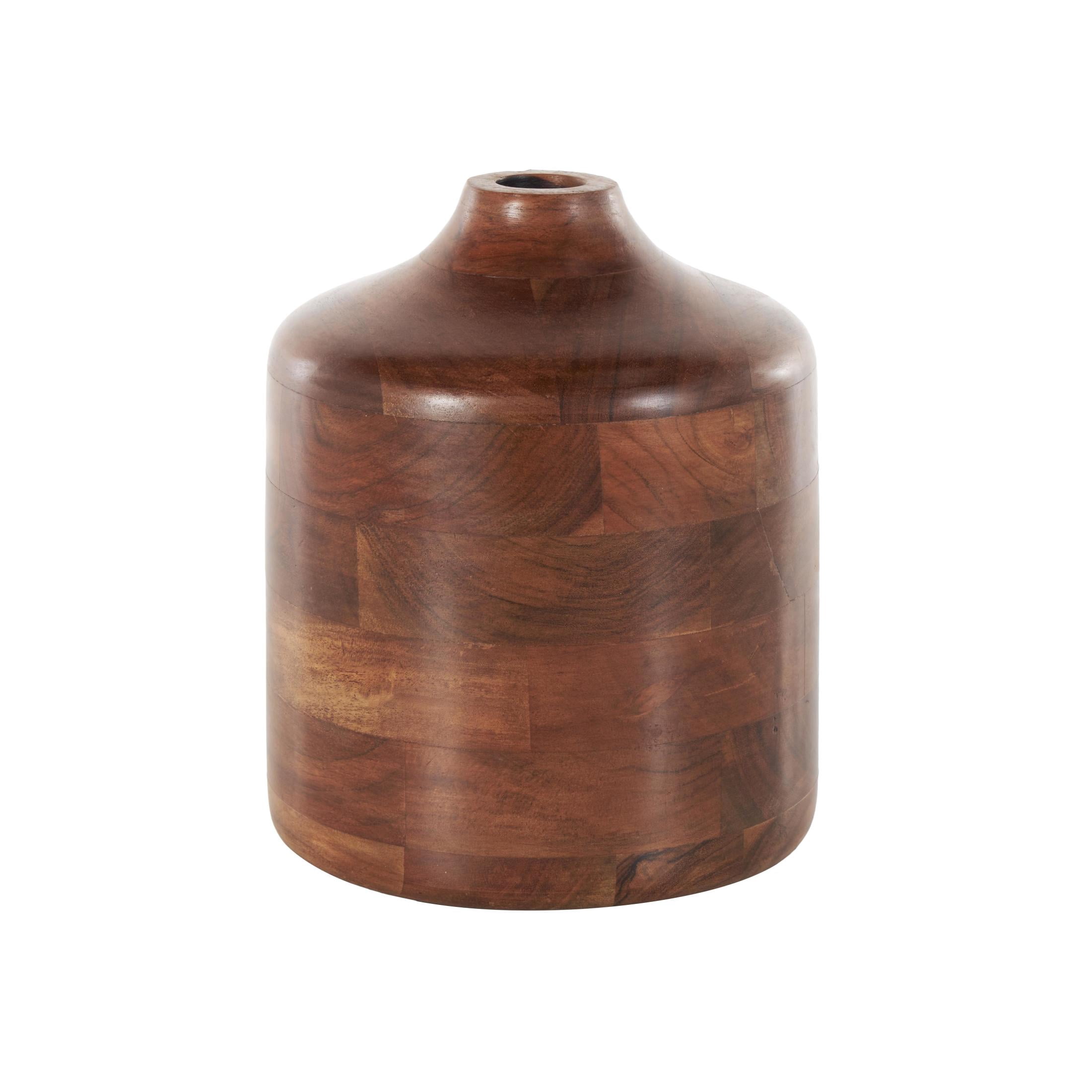 DecMode 9" Brown Wood Vase with Mosaic Strips and Natural Wood Grains