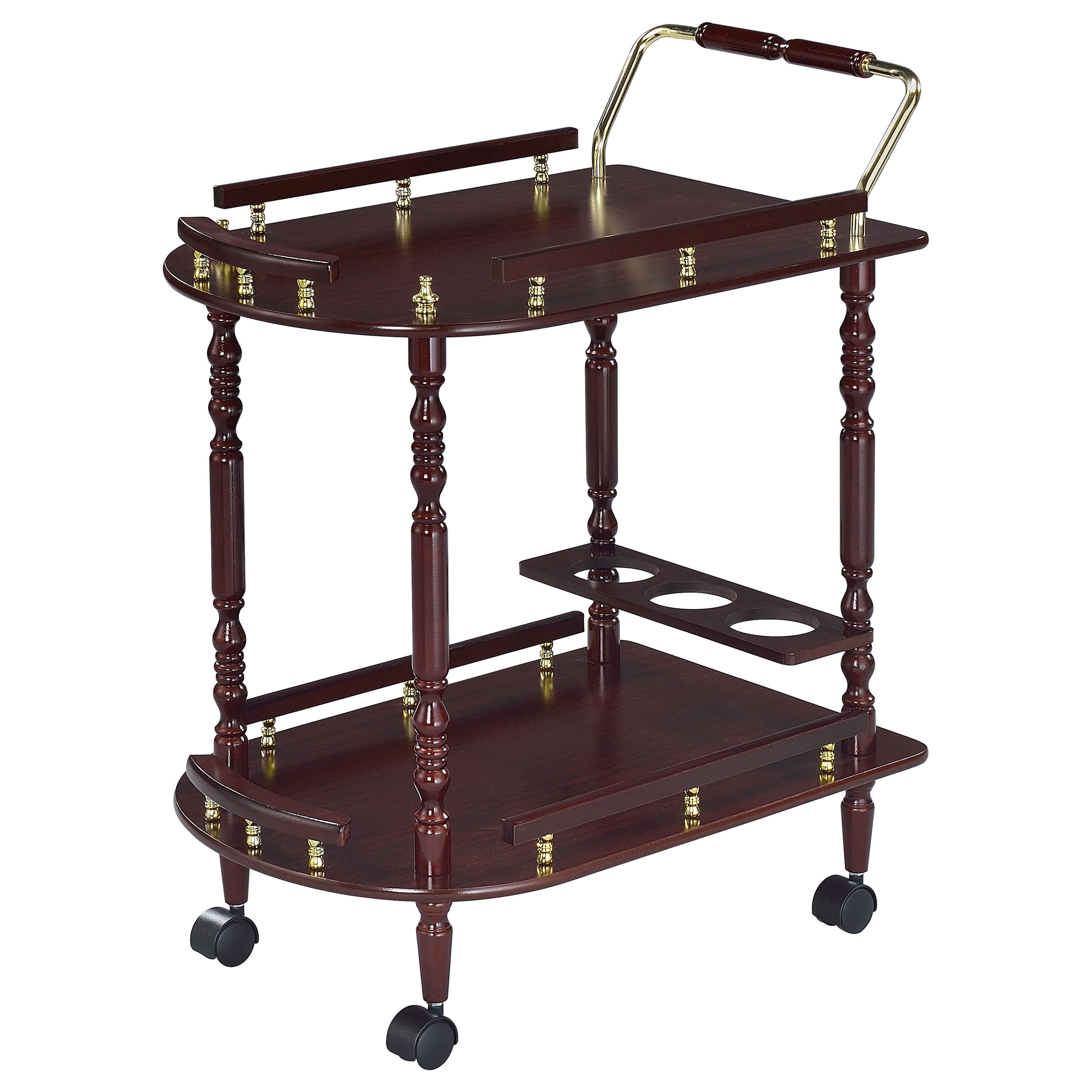 Serving Cart 31.25x24.75x15.75 Inch Merlot Finish Brass Accents with Bottle Holder for Dining Room Bar