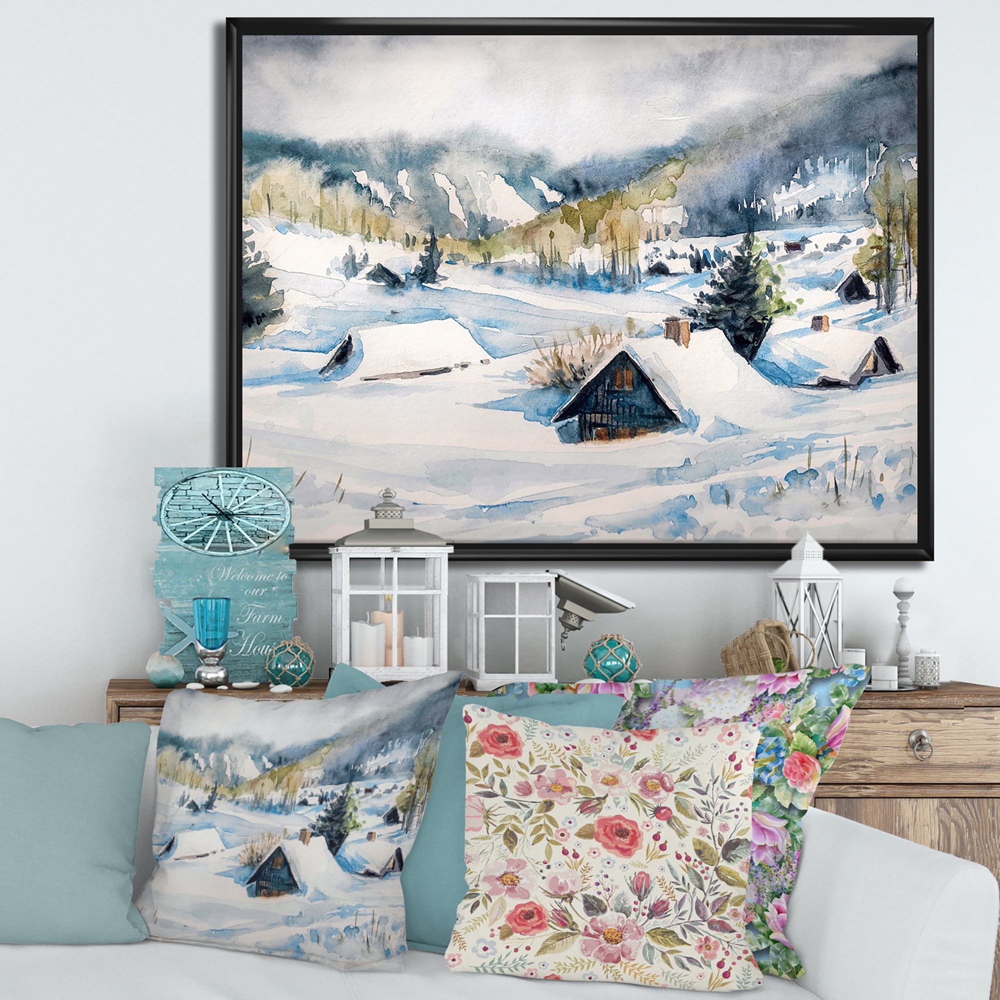 Designart 'Winter In Mountain Village' Traditional Framed Canvas Wall Art Print
