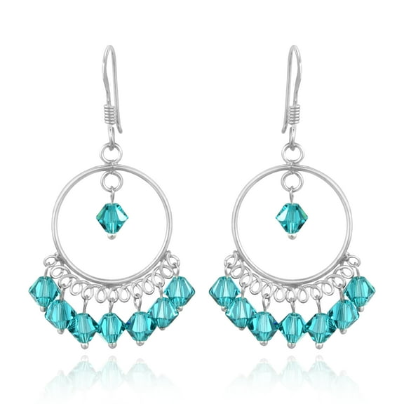 Chic Sparkle Bright Blue Crystal Hoop Chandelier Sterling Silver Dangle Earrings