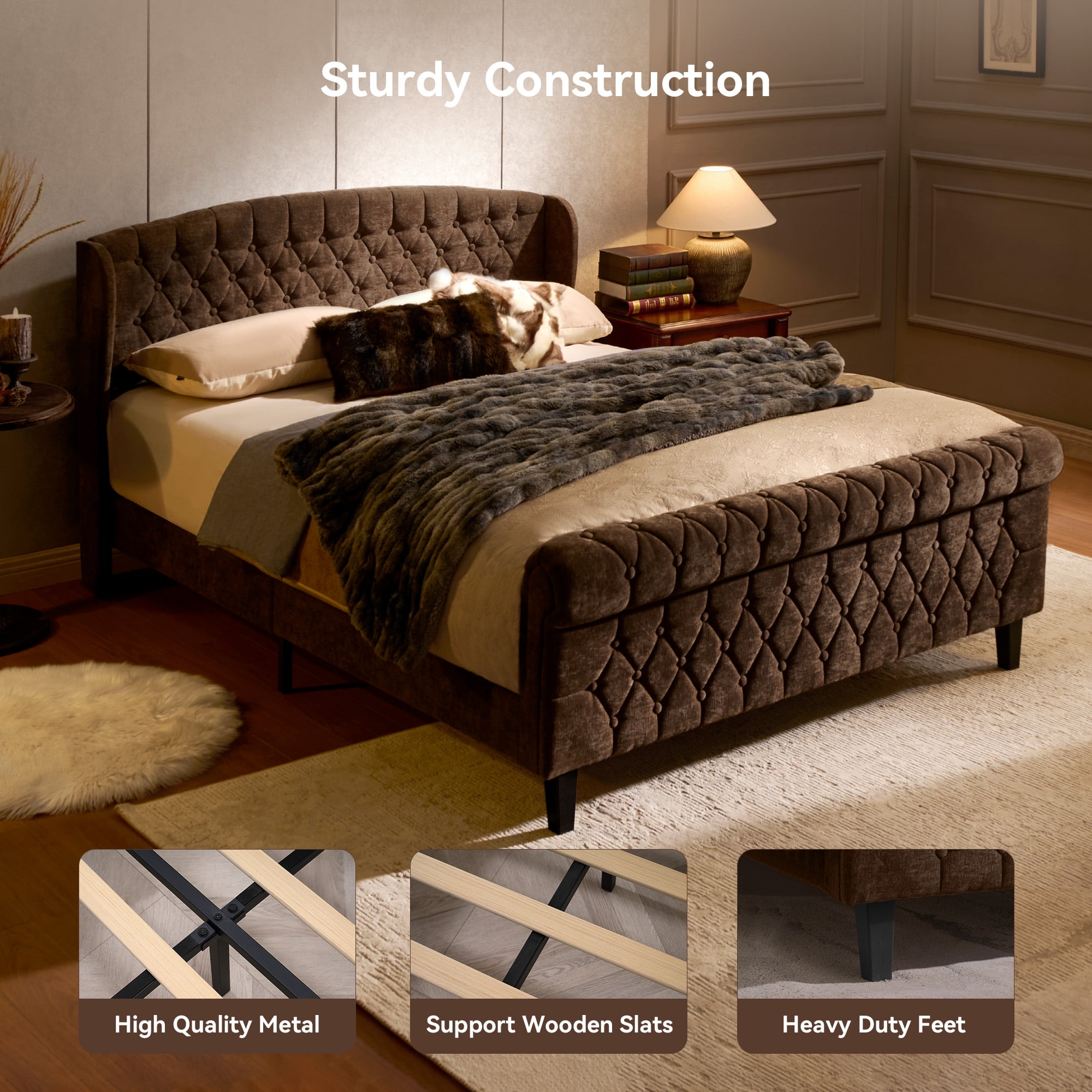 Sailvan Queen Bed Frame,Chenille Upholstered Platform Sleigh Bed Frame with Rolling Footboard, Button Tufted/Wooden Board Support/No Box Spring Required